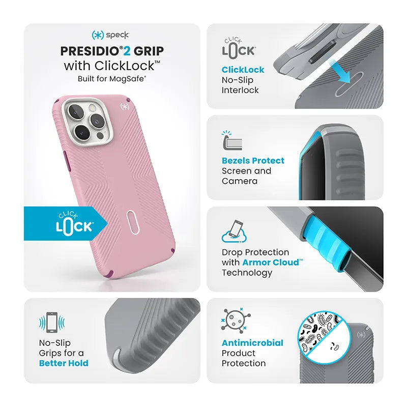 Speck Presidio2 Grip ClickLock & MagSafe – dėklas iPhone 16 Pro Max (Wednesday Pink / Boysenberry Purple / White)
