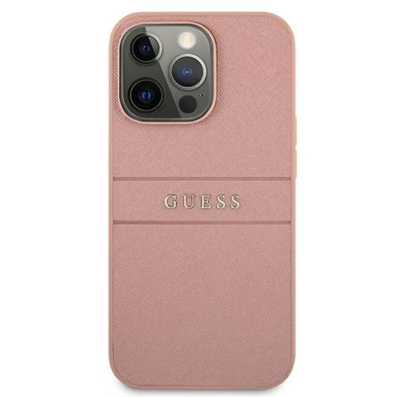 Guess Saffiano Metal Logo Stripes – dėklas iPhone 13 Pro Max telefonui (rožinis)