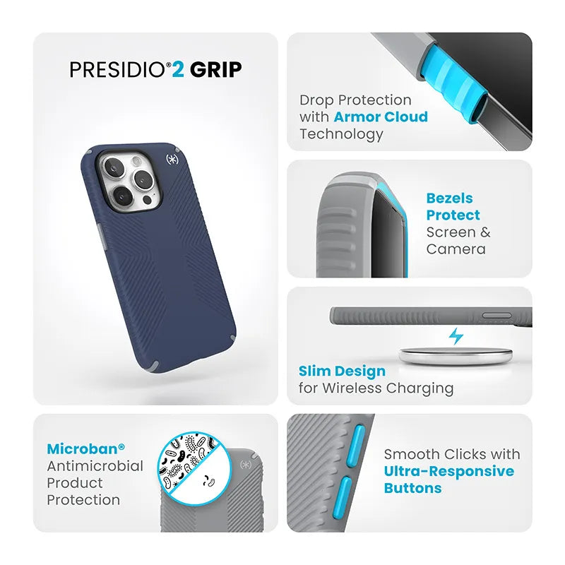 Speck Presidio2 Grip – dėklas iPhone 15 Pro (Coastal Blue / Dust Gray / White)