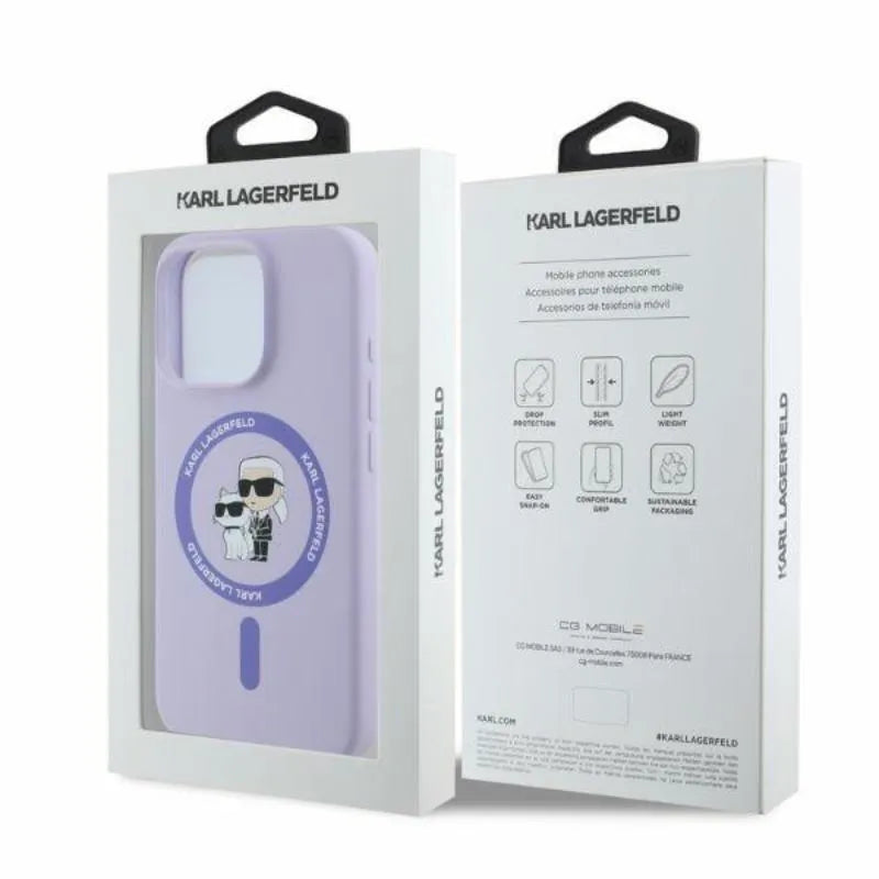 Karl Lagerfeld Silicone Karl & Choupette Ring MagSafe – Dėklas iPhone 16 Pro (violetinis)