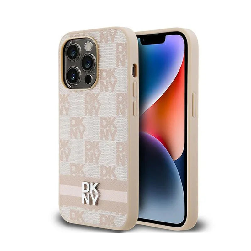 DKNY Leather Checkered Mono Pattern & Printed Stripes – iPhone 14 Pro dėklas (rožinis)