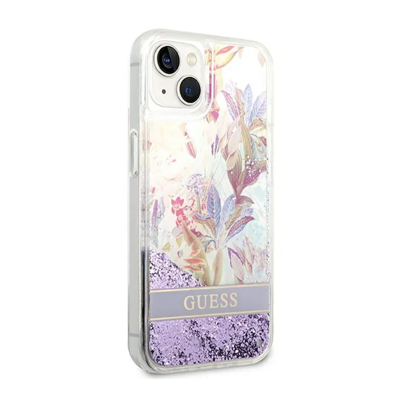 Guess Liquid Glitter Flower – dėklas iPhone 14 Plus (violetinis)