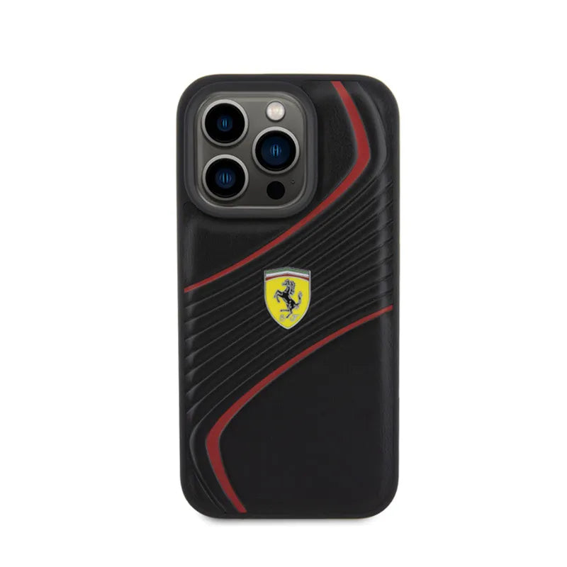 Ferrari Twist Metal Logo – dėklas, skirtas iPhone 15 Pro (juodas)