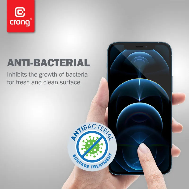 Crong Anti-Bacterial 3D Armor Glass – 9H grūdintas stiklas visam iPhone 12 Mini ekranui + montavimo rėmelis