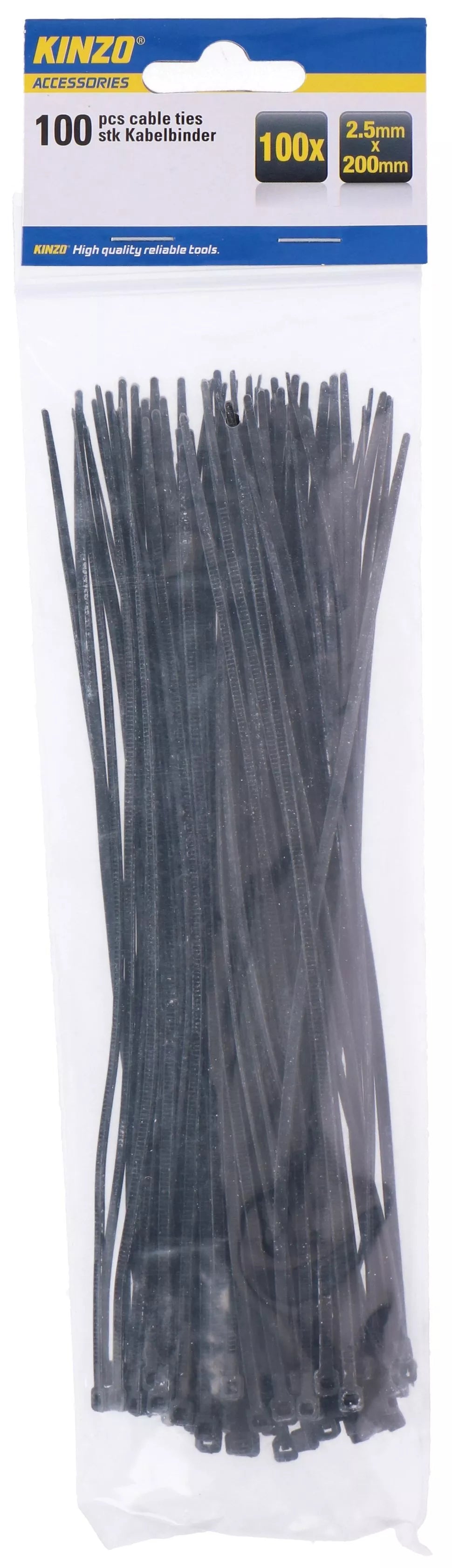 KINZO kabelių dirželiai, 2,5 × 200 mm, juodi, 871125272106