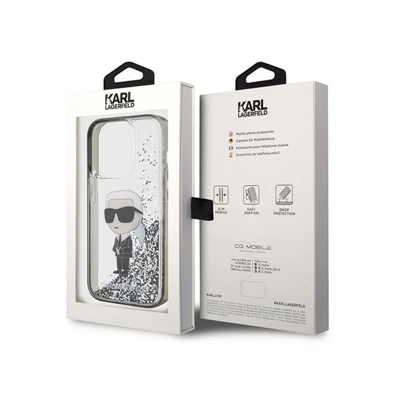 Karl Lagerfeld Liquid Glitter Ikonik – dėklas iPhone 15 Pro (skaidrus)