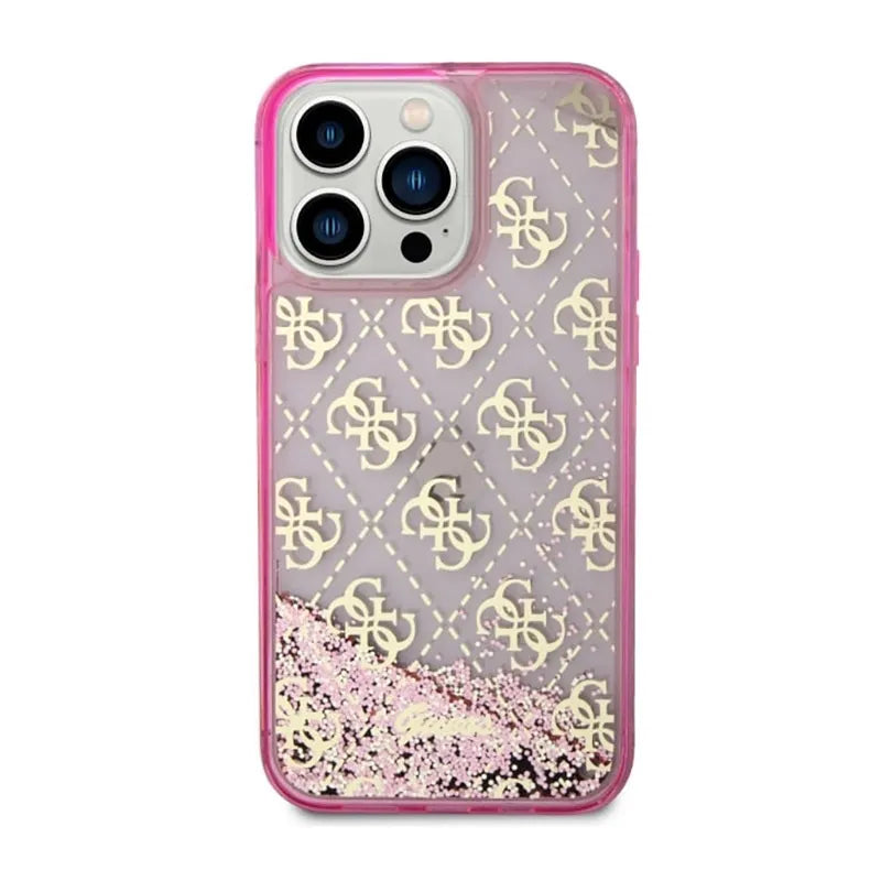 Guess Liquid Glitter Transculent 4G – dėklas skirtas iPhone 14 Pro Max (rožinis)