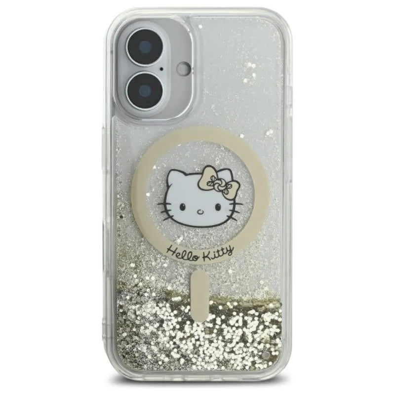 Hello Kitty Liquid Glitter Fever MagSafe – Dėklas iPhone 16 (baltas/auksinis)