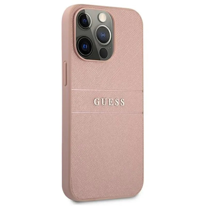 Guess Saffiano Metal Logo Stripes – dėklas iPhone 13 Pro Max telefonui (rožinis)