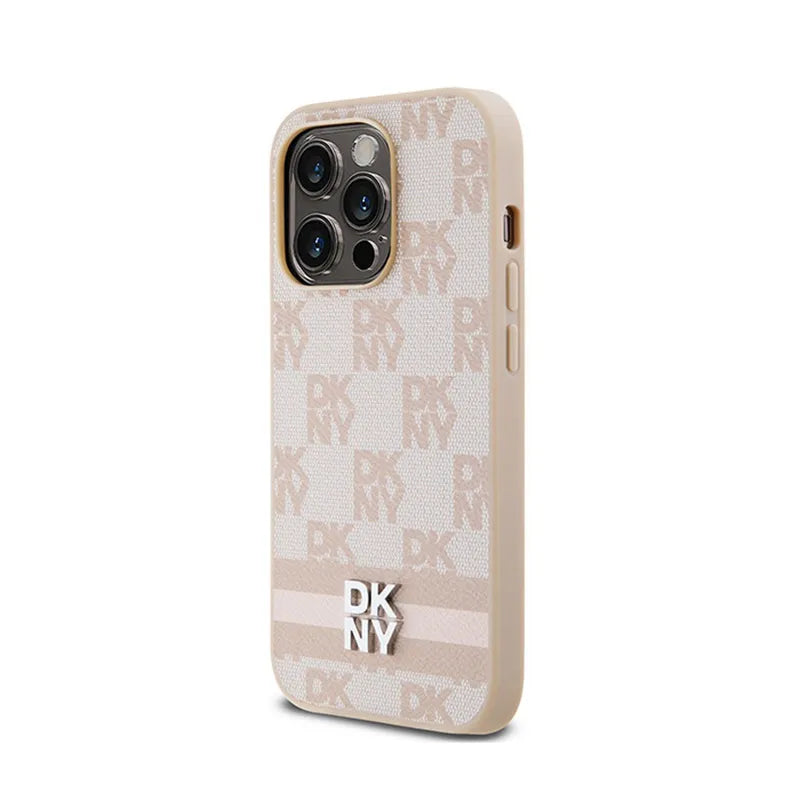 DKNY Leather Checkered Mono Pattern & Printed Stripes – iPhone 14 Pro dėklas (rožinis)