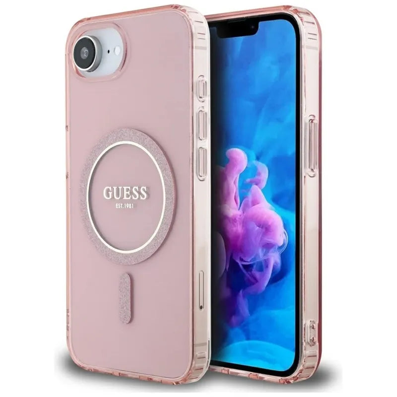 Guess IML Glitter Circle MagSafe – dėklas iPhone 16e (rožinis)