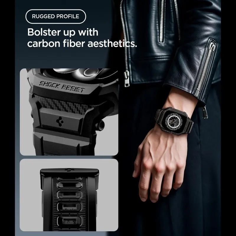 Spigen Rugged Armor Pro – dirželis su dėklu, skirtas „Apple Watch 12“ (46 mm), matinė juoda