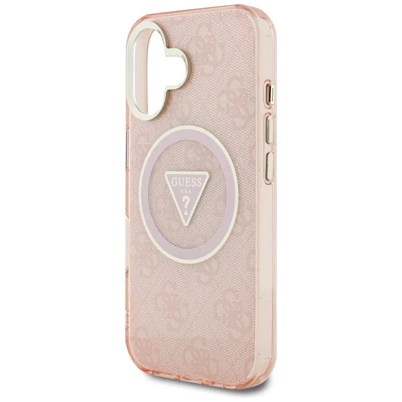 Guess IML Metal Glitter 4G Circle Triangle MagSafe – dėklas iPhone 16 (rožinis)