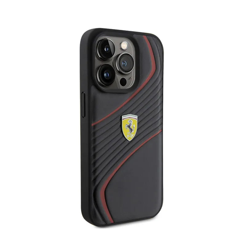 Ferrari Twist Metal Logo – dėklas, skirtas iPhone 15 Pro (juodas)