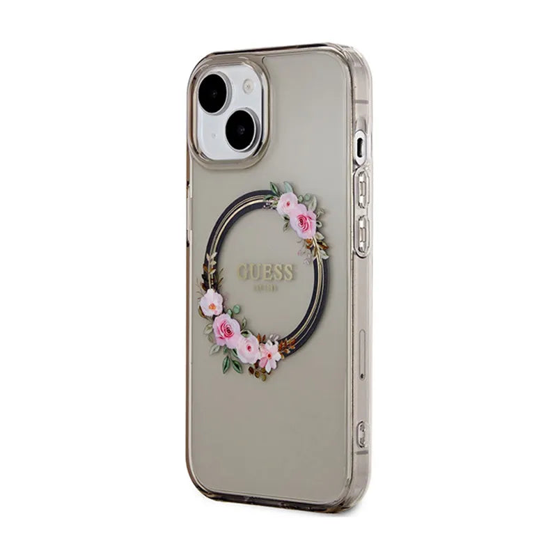 Guess IML Flowers Wreath MagSafe – dėklas iPhone 15 (juodas)