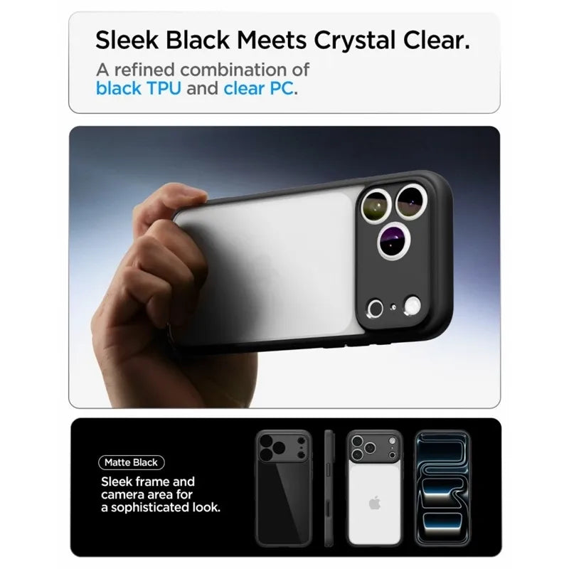Spigen Ultra Hybrid – dėklas, skirtas iPhone 18 Pro / 17 Pro (matinė juoda spalva)