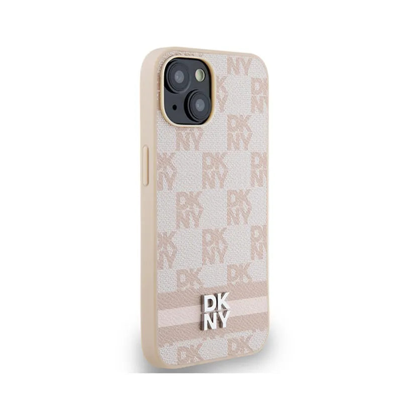 DKNY Leather Checkered Mono Pattern & Printed Stripes – dėklas iPhone 14 / 15 / 13 (rožinis)
