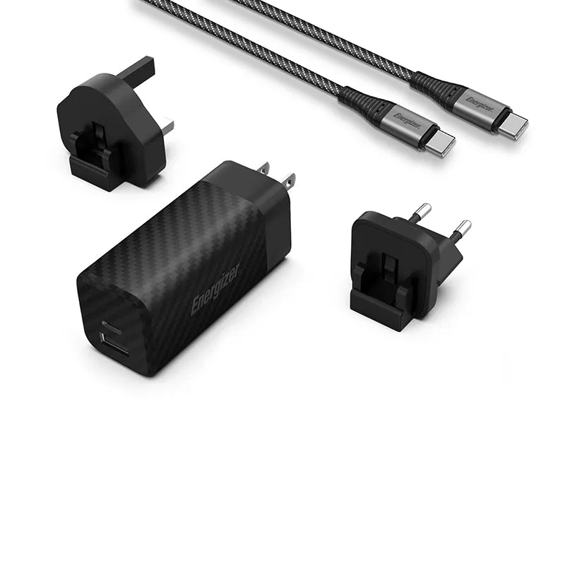 Energizer Ultimate – GaN USB-C ir USB-A 65W PD sieninis įkroviklis su EU/UK/US kištukų adapteriais + USB-C kabelis (juodas)