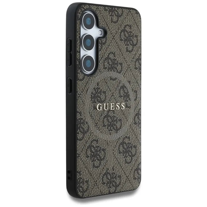 „Guess Leather 4G Colored Ring Classic Logo MagSafe“ – dėklas Samsung Galaxy S25 (ruda)