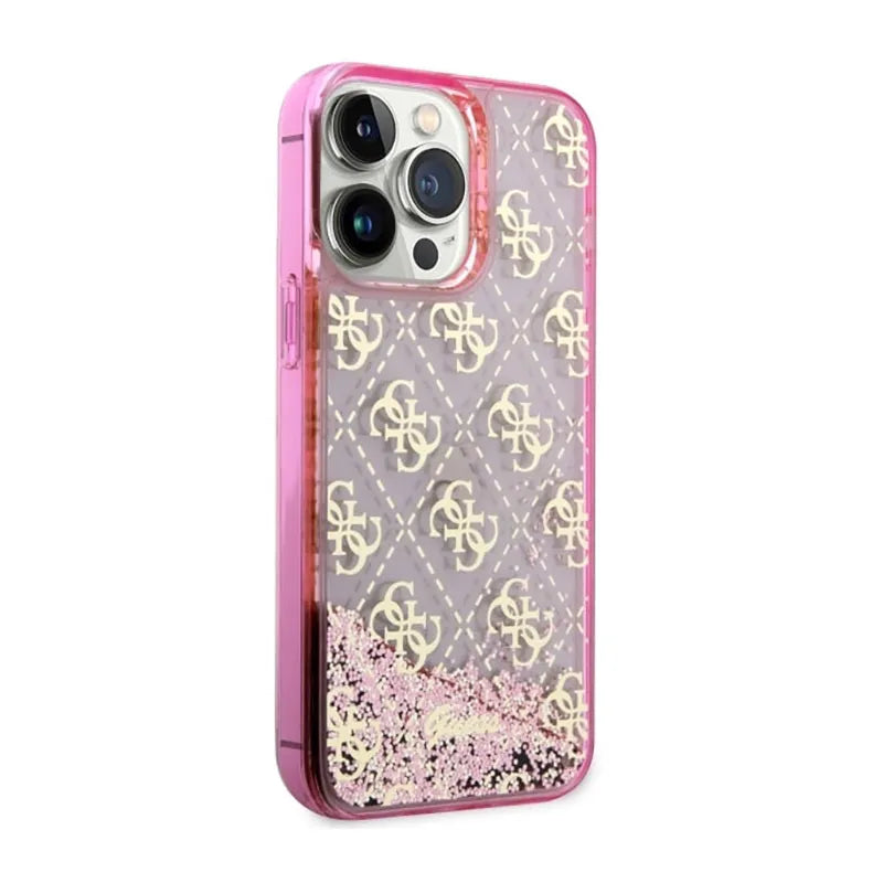 Guess Liquid Glitter Transculent 4G – dėklas skirtas iPhone 14 Pro Max (rožinis)