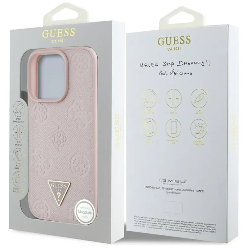 Guess Grained Hot Stamp Peony Triangle Logo MagSafe – Dėklas iPhone 16 Pro (rožinis)