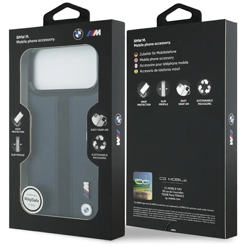 BMW M Perforated Stripe Logo MagSafe – iPhone 17 Pro Max dėklas (tamsiai mėlynas)