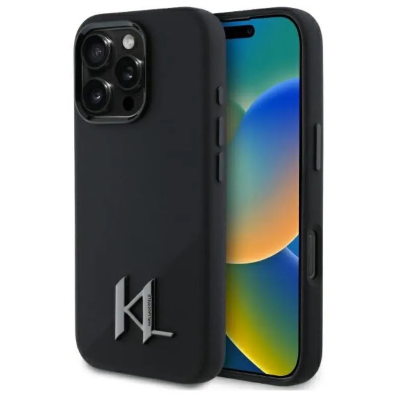 Karl Lagerfeld Silicone Shadow Metal Initial MagSafe – dėklas iPhone 16 Pro (juodas)