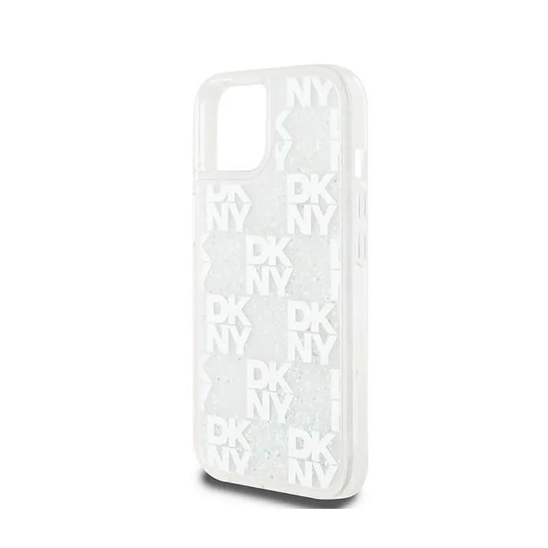 DKNY Liquid Glitter Multilogo – dėklas iPhone 15 / 14 / 13 (baltas)