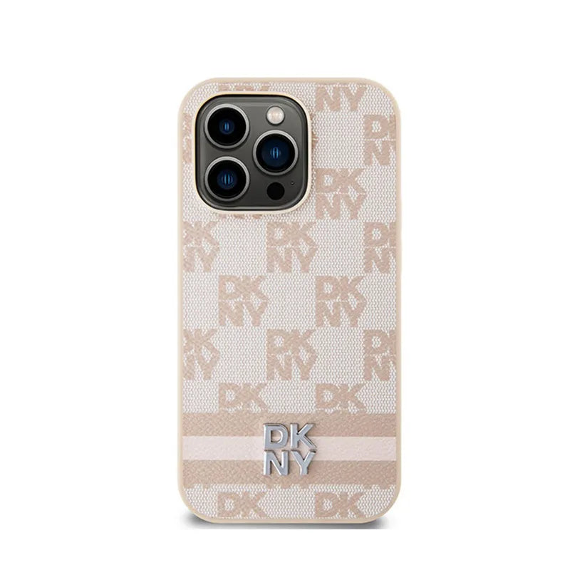 DKNY Leather Checkered Mono Pattern & Printed Stripes – iPhone 14 Pro dėklas (rožinis)
