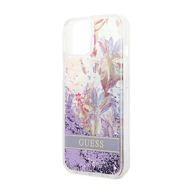 Guess Liquid Glitter Flower – dėklas iPhone 14 Plus (violetinis)