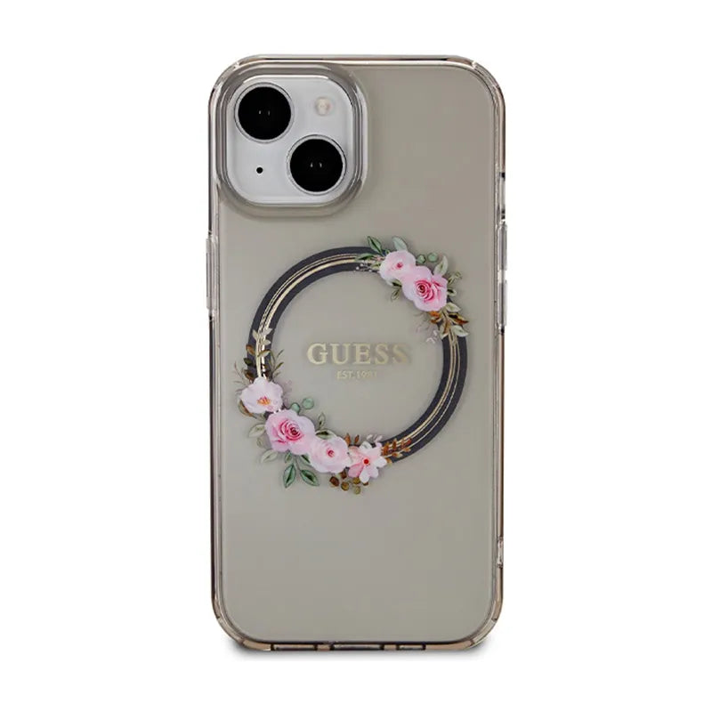 Guess IML Flowers Wreath MagSafe – dėklas iPhone 15 (juodas)