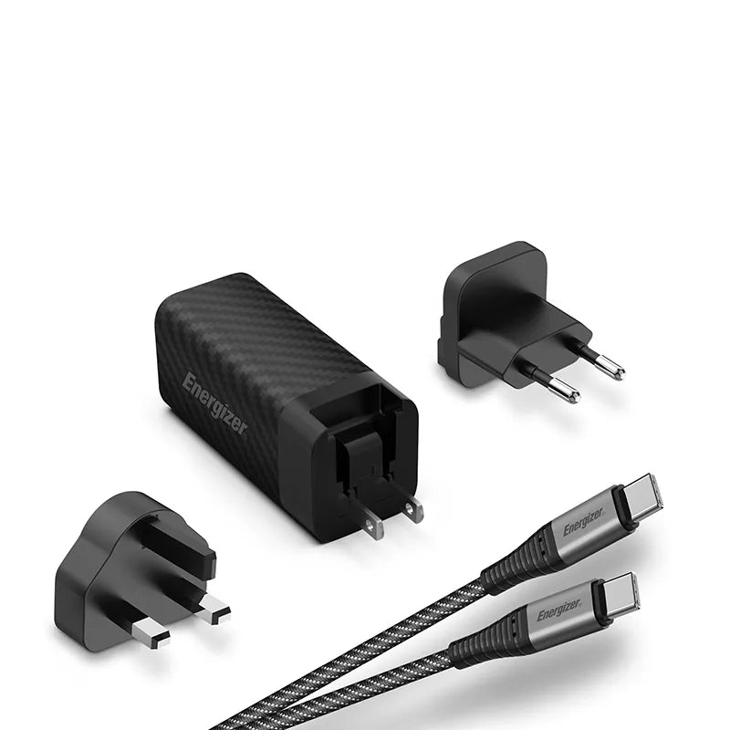 Energizer Ultimate – GaN USB-C ir USB-A 65W PD sieninis įkroviklis su EU/UK/US kištukų adapteriais + USB-C kabelis (juodas)