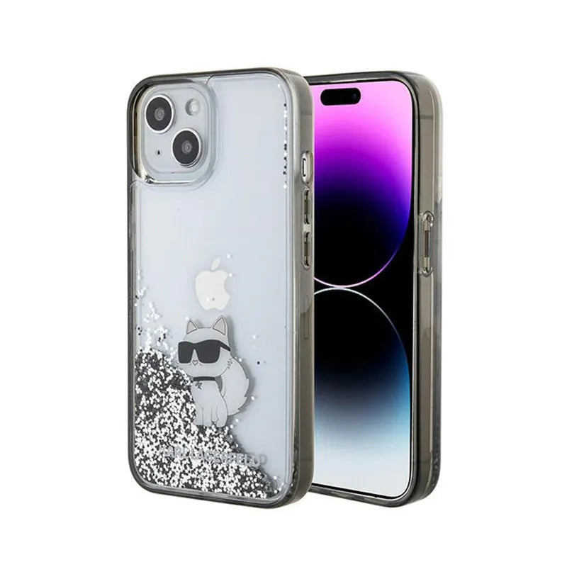 Karl Lagerfeld Liquid Glitter Choupette – dėklas iPhone 15 telefonui (skaidrus)