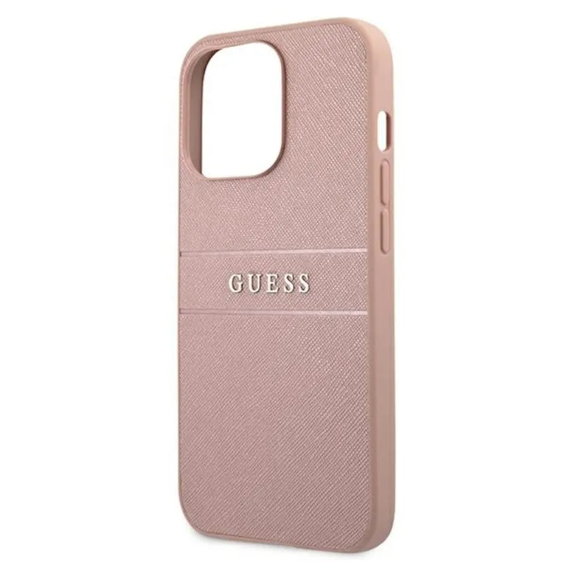 Guess Saffiano Metal Logo Stripes – dėklas iPhone 13 Pro Max telefonui (rožinis)