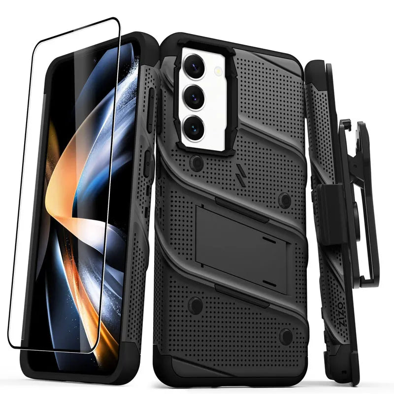 ZIZO BOLT serijos šarvuotas dėklas Samsung Galaxy S23+ su 9H ekrano stiklu ir laikikliu su stovu (juodas)