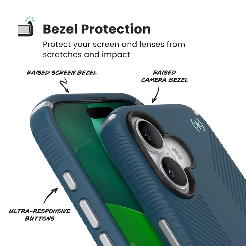 Speck Presidio2 Grip MagSafe – „iPhone 17“ dėklas („Deep Sea“ / sidabrinė metalo spalva)