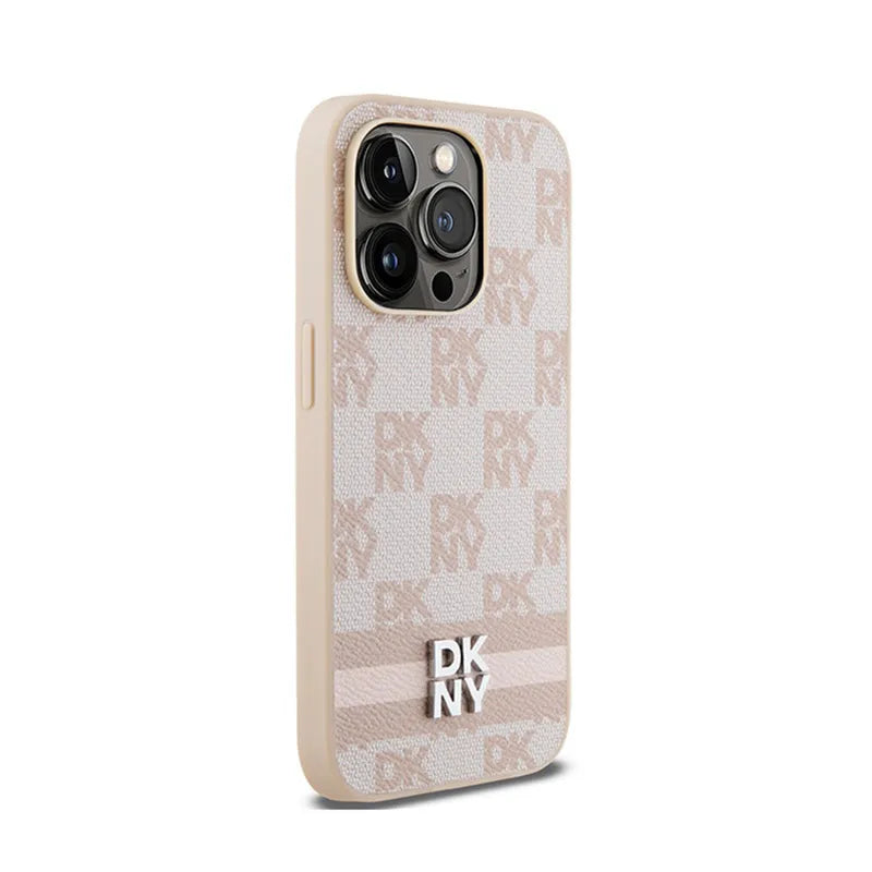 DKNY Leather Checkered Mono Pattern & Printed Stripes – iPhone 14 Pro dėklas (rožinis)