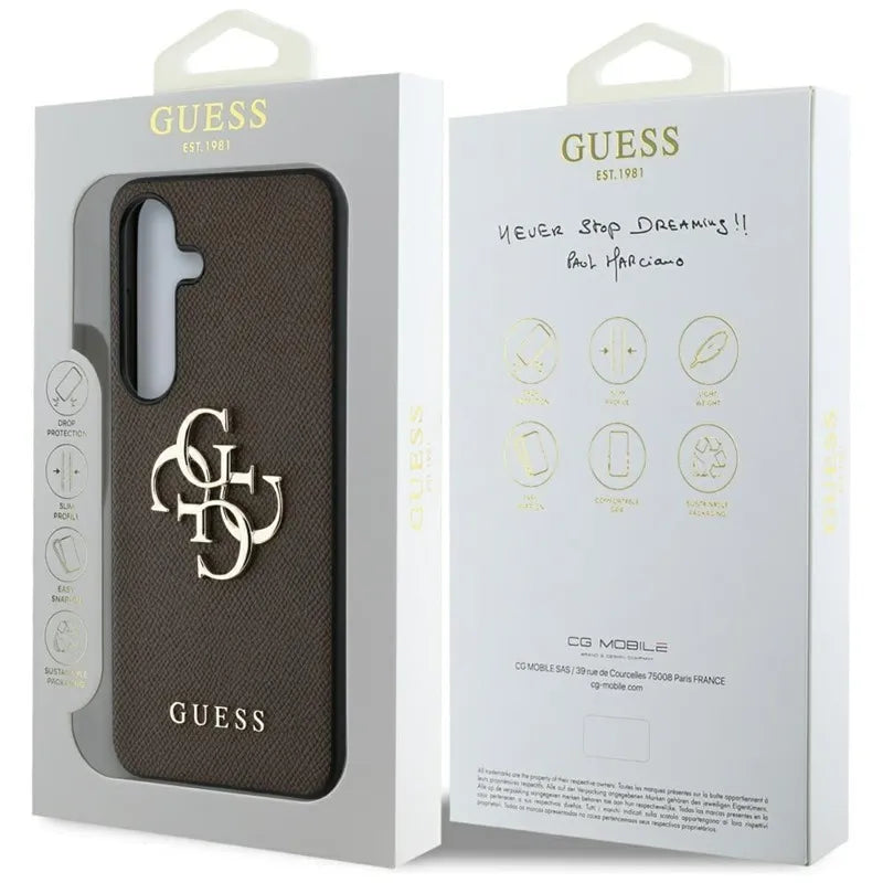 „Guess Grained Big 4G Logo Small Classic Logo“ – dėklas „Samsung Galaxy S25+“ (rudas)