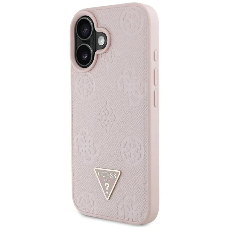 Guess Grained Hot Stamp Peony Triangle Logo MagSafe – dėklas iPhone 16 (rožinis)