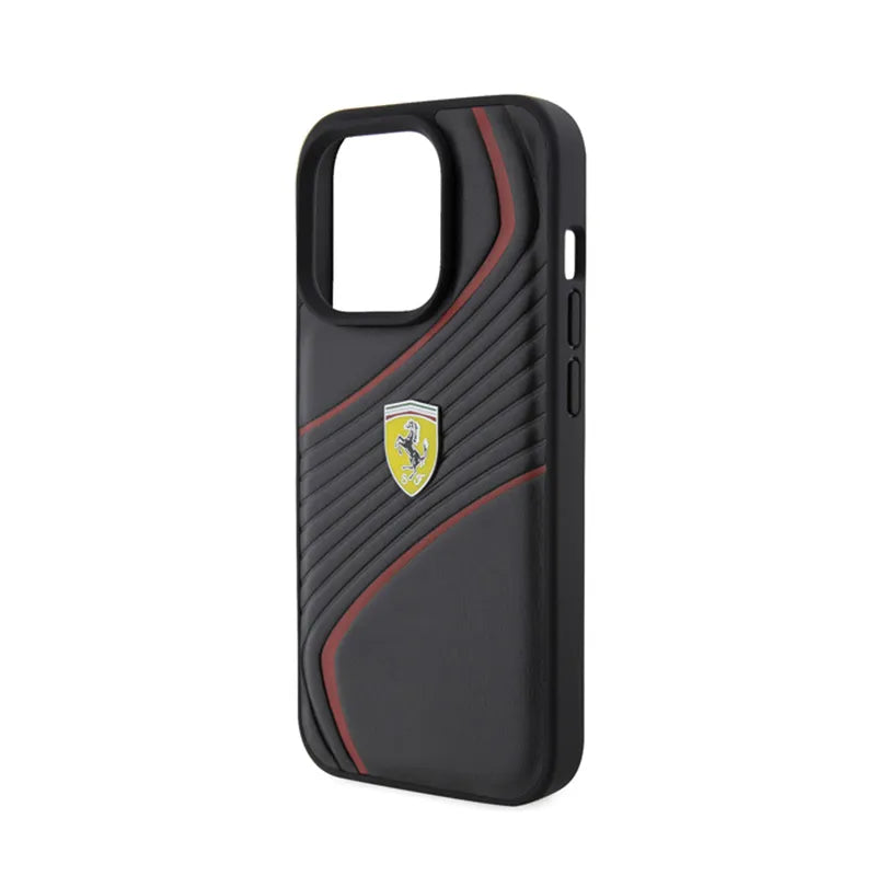 Ferrari Twist Metal Logo – dėklas, skirtas iPhone 15 Pro (juodas)
