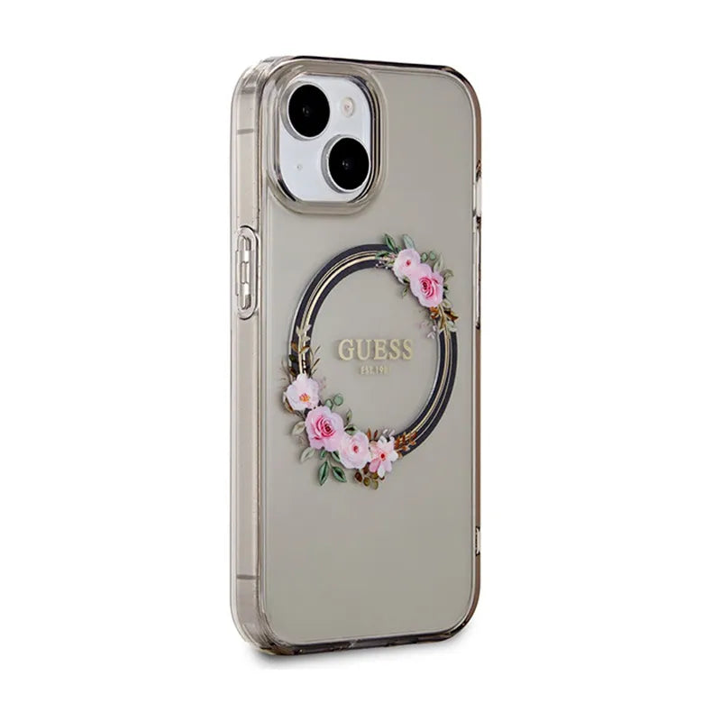 Guess IML Flowers Wreath MagSafe – dėklas iPhone 15 (juodas)