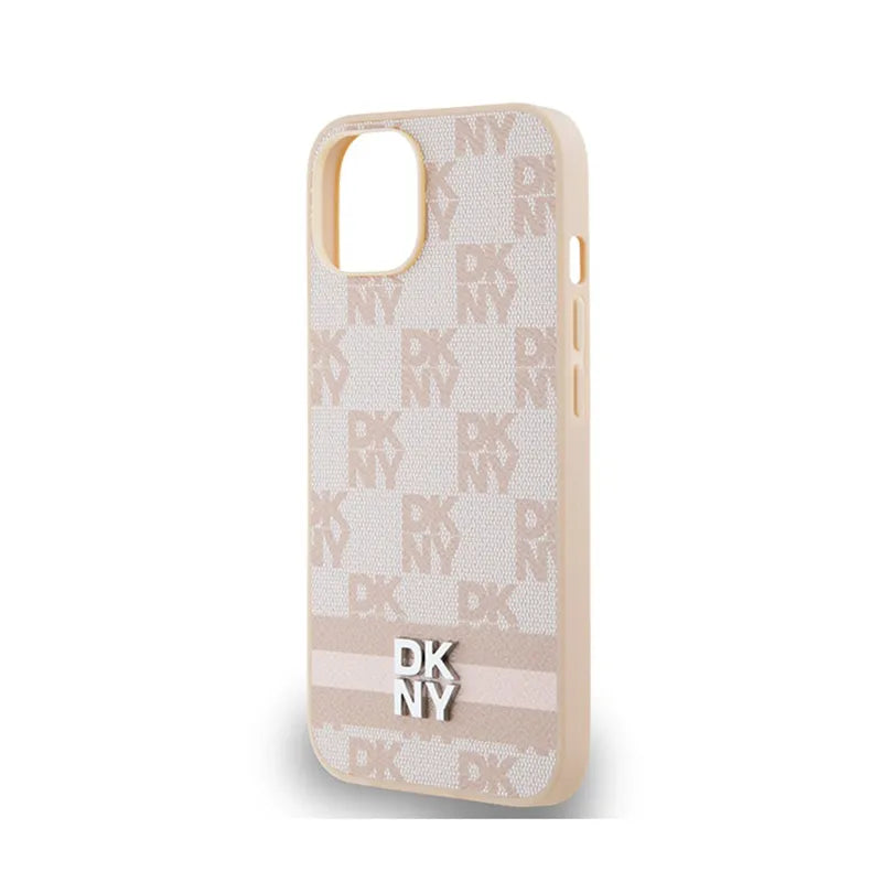 DKNY Leather Checkered Mono Pattern & Printed Stripes – dėklas iPhone 14 / 15 / 13 (rožinis)