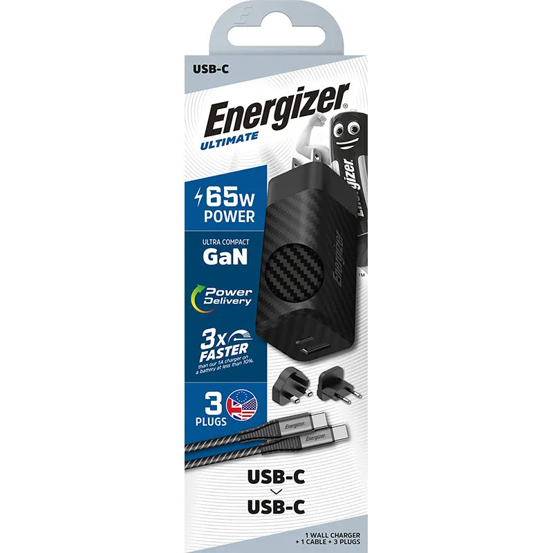 Energizer Ultimate – GaN USB-C ir USB-A 65W PD sieninis įkroviklis su EU/UK/US kištukų adapteriais + USB-C kabelis (juodas)