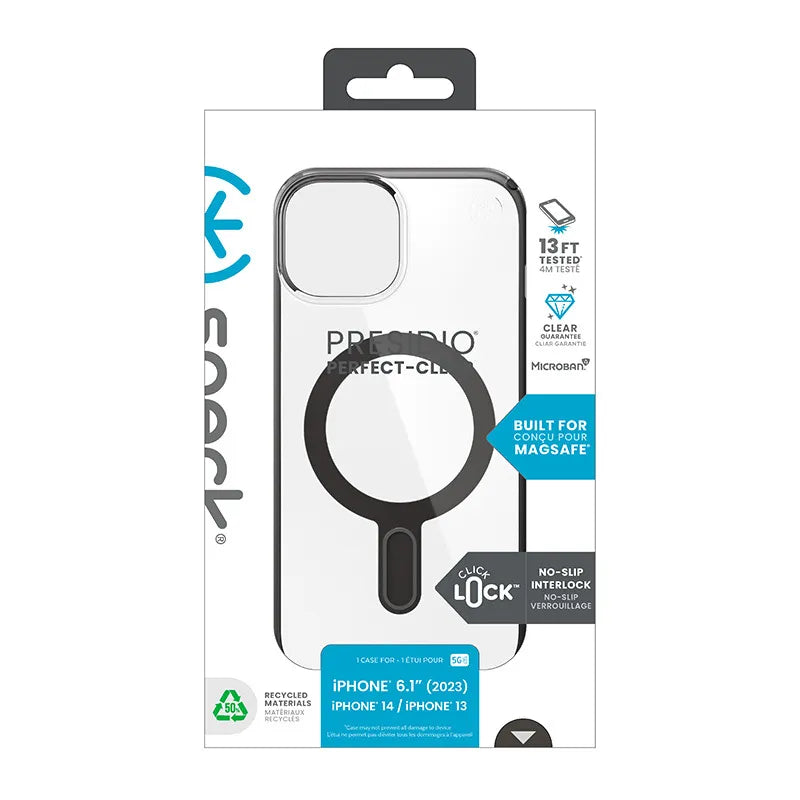 Speck Presidio Perfect-Clear ClickLock & MagSafe dėklas - iPhone 17e / 16e / 15 / 14 / 13 (skaidrus / matinis juodas / pilkas)
