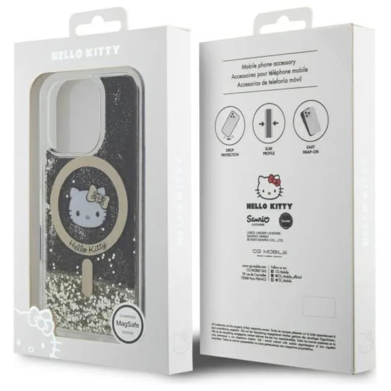 Hello Kitty Liquid Glitter Fever MagSafe - dėklas iPhone 16 Pro Max (juodas/auksinis)