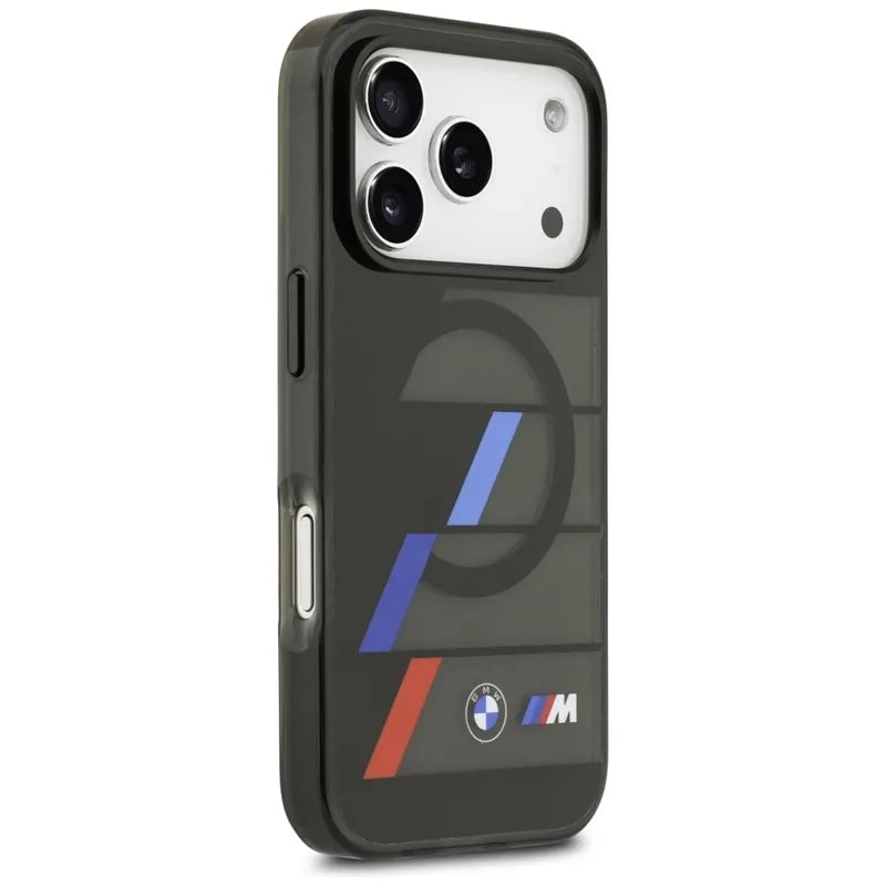 BMW M IML Metal Buttons Tricolor Lines MagSafe – dėklas, skirtas iPhone 17 Pro Max (juodas)