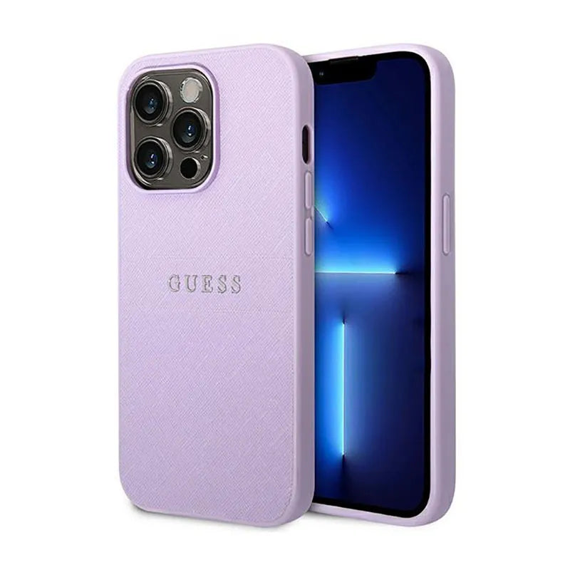 Guess Saffiano Metal Logo Stripes – dėklas, skirtas iPhone 14 Pro (alyvinės spalvos)