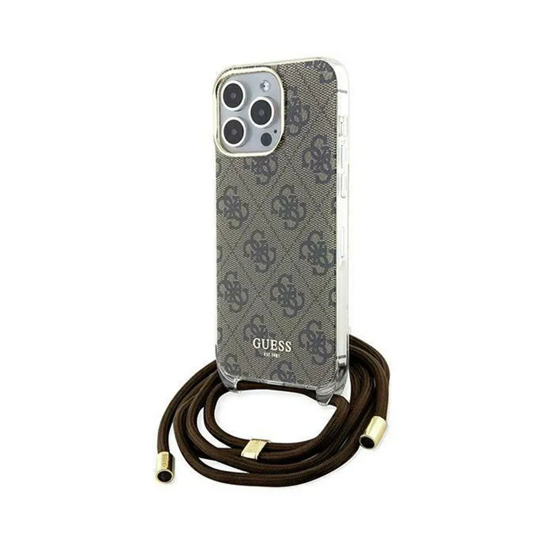 Guess Crossbody Cord 4G Print – dėklas iPhone 15 Pro telefonui (ruda)