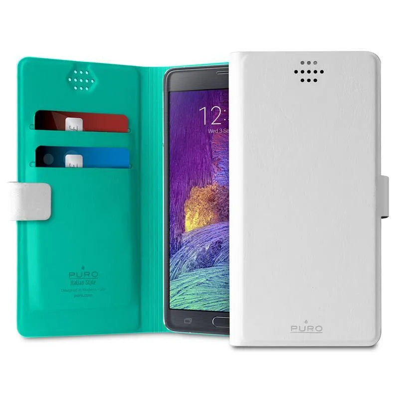 PURO Uniwallet Bi-Color – universalus 360° pasukamas dėklas su kortelių skyreliais, dydis XXL (baltas)