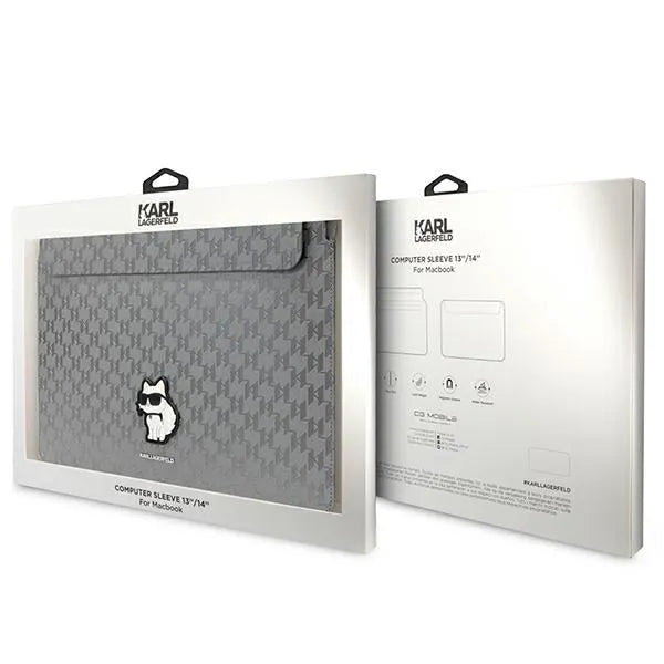 Karl Lagerfeld NFT Saffiano Monogram Ikonik Choupette dėklas – 14" nešiojamojo kompiuterio krepšys (sidabrinis)